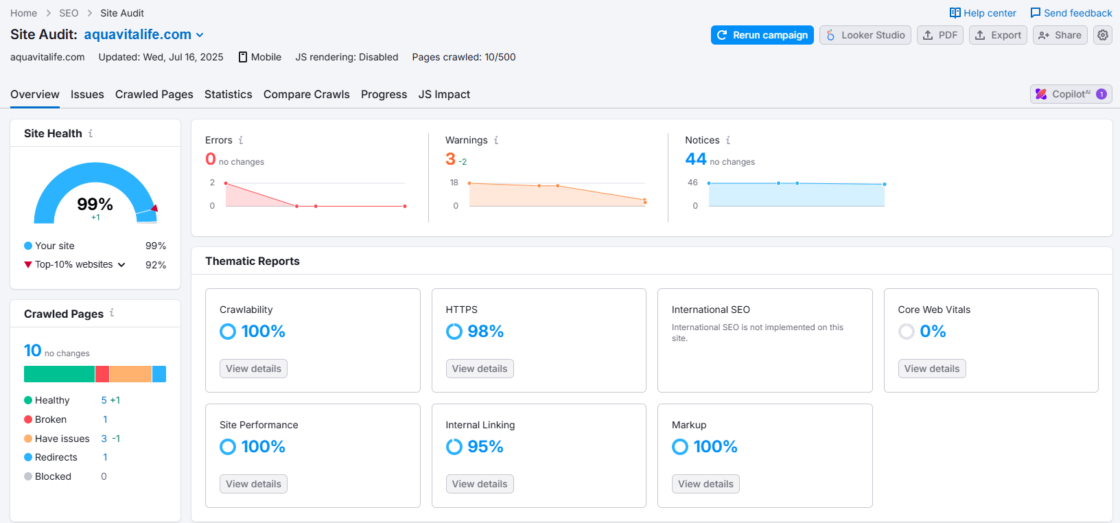 SEMrush Performance report after